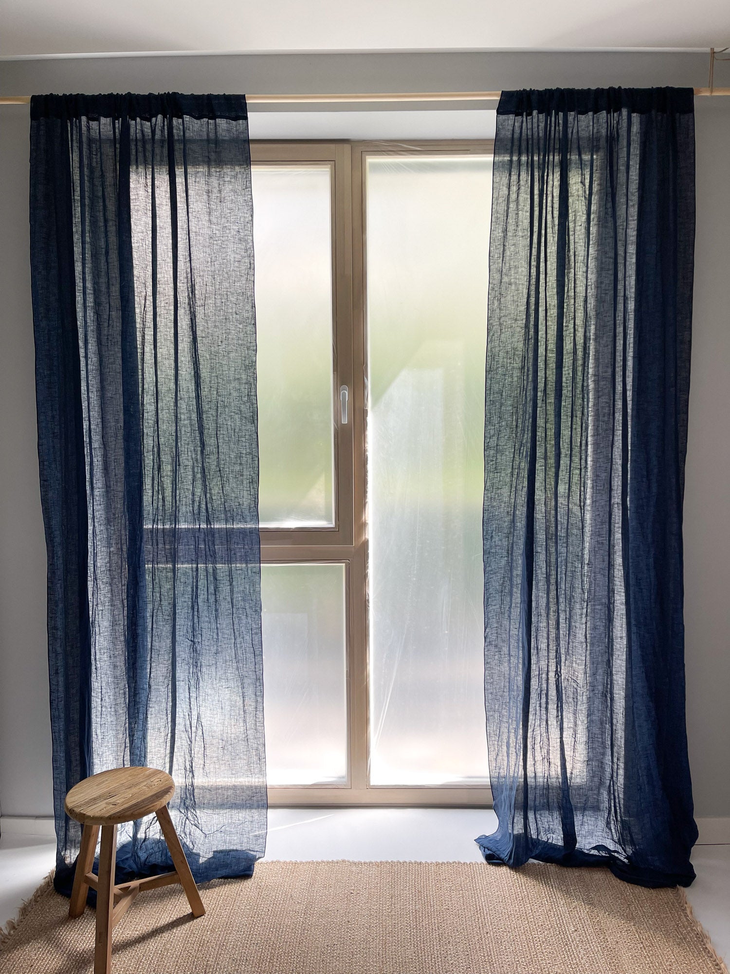 Tunna linnegardiner – Marinblå, enkel panel